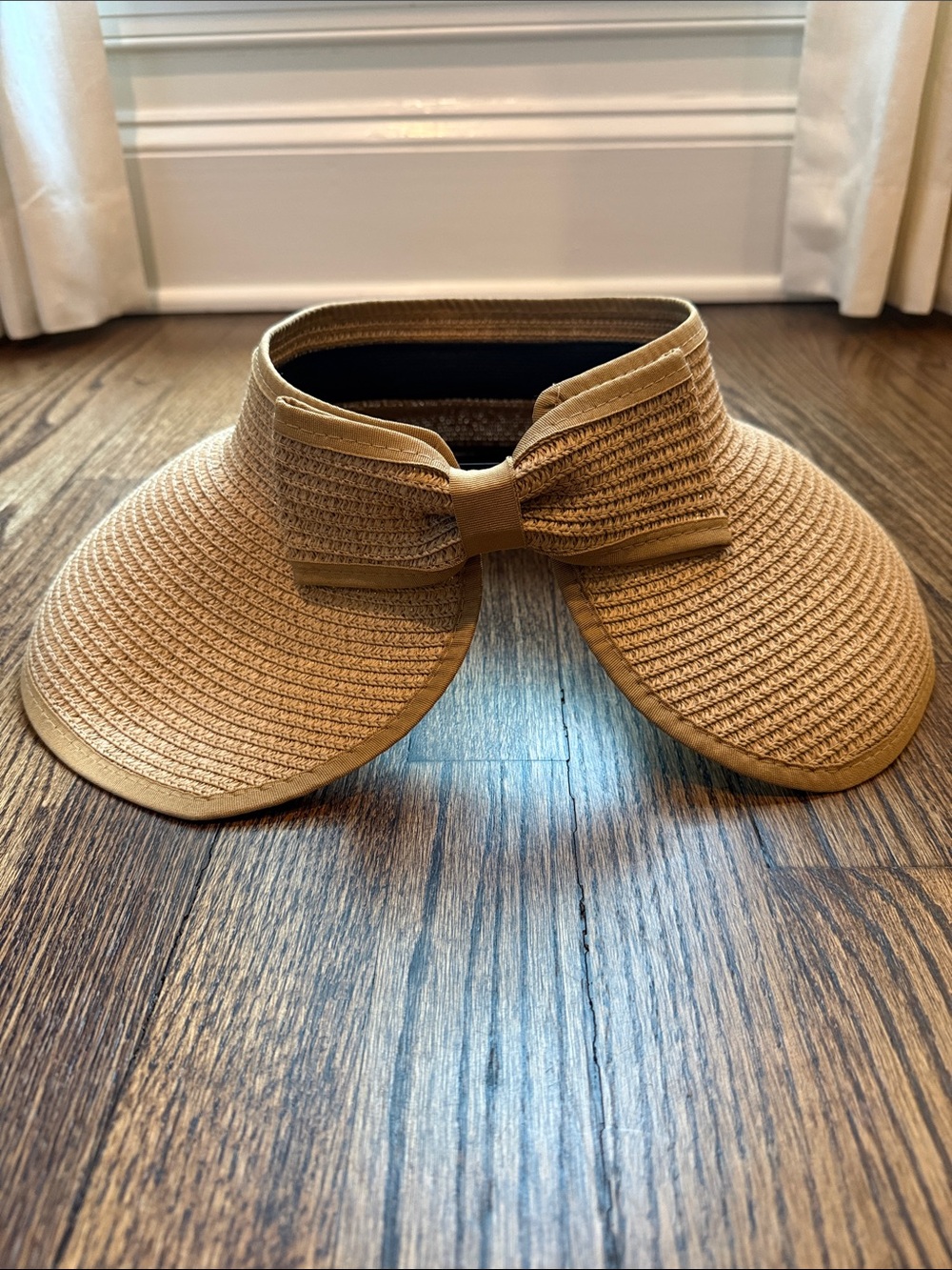 NEW Wide Brim Straw Visor with Open Top and Bow Accent - Tan